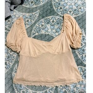 Free People Free-est Peach Ribbed Puff Sleeve Lettuce Edge Blouse Top Small